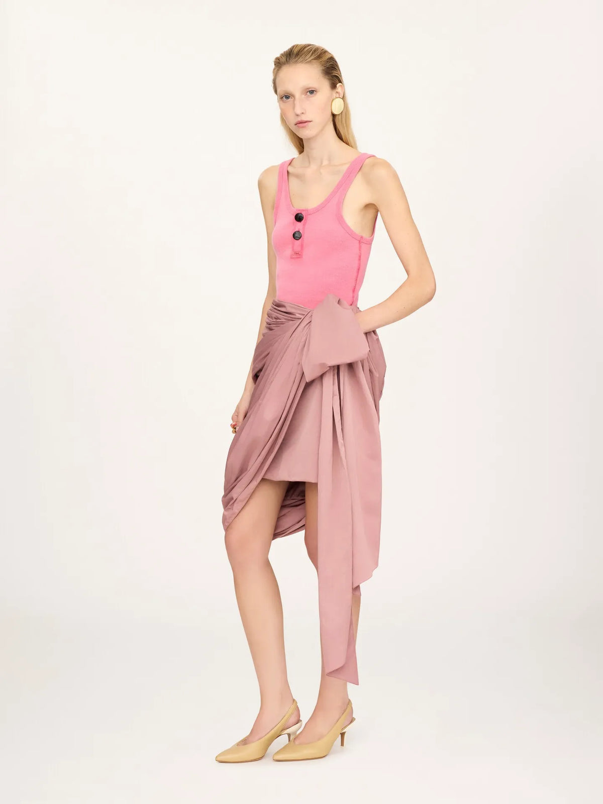 Knee-length wrap skirt in technical satin