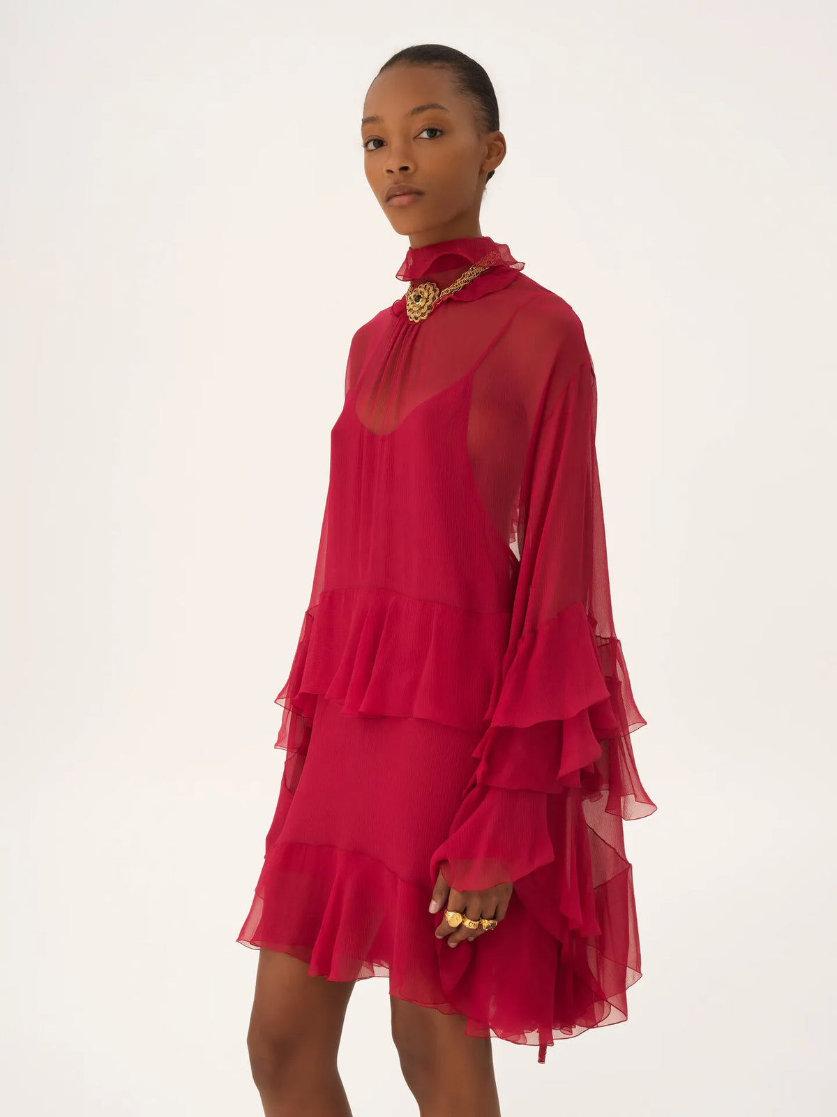 Ruffled mini dress in silk mousseline