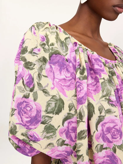Puff-sleeve cropped top in silk jacquard