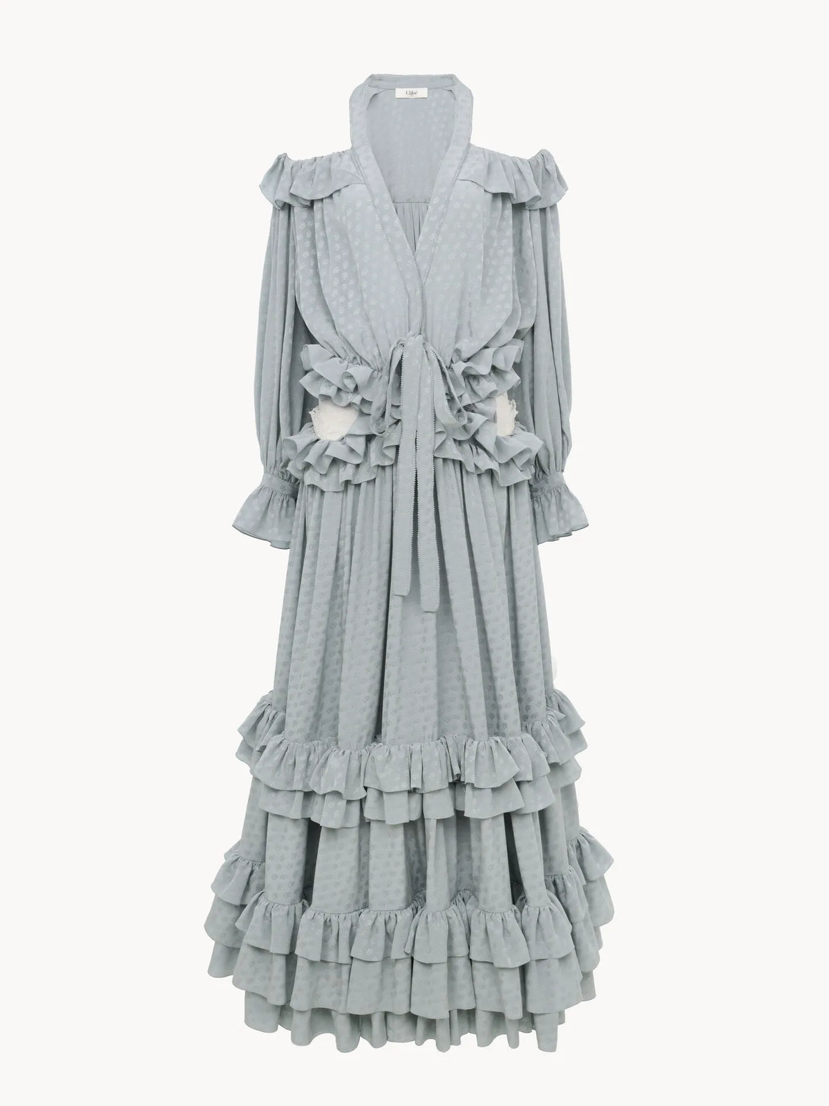 Cut-out long ruffled dress in silk jacquard