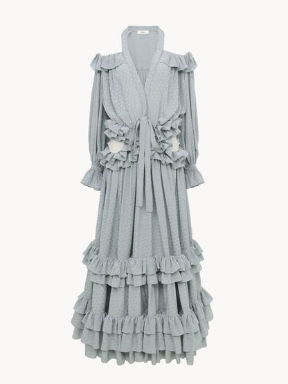 Cut-out long ruffled dress in silk jacquard
