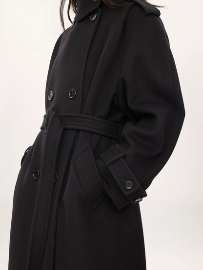 High-neck long coat in double-face wool