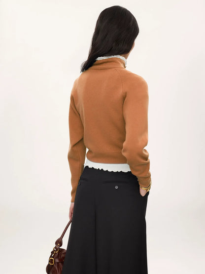 High-neck sweater in a wool knit & lace