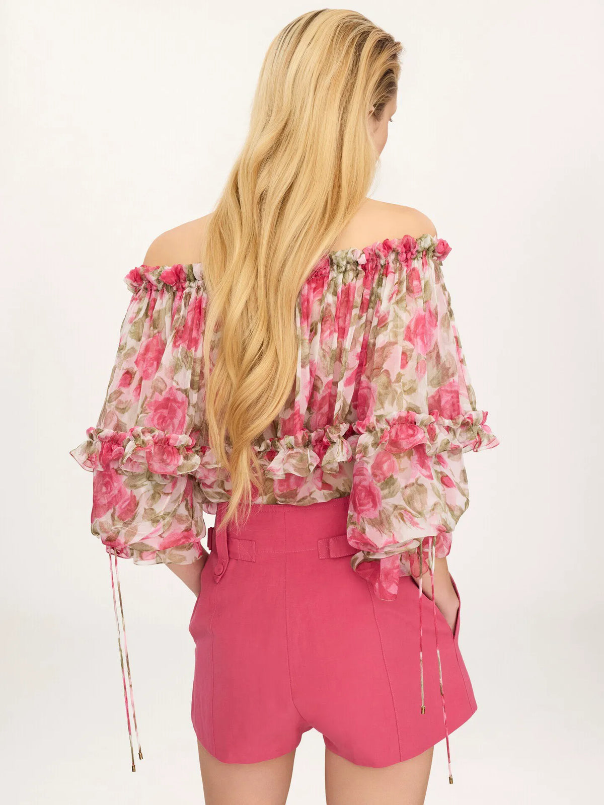 Off-the-shoulder puff-sleeve top in silk mousseline