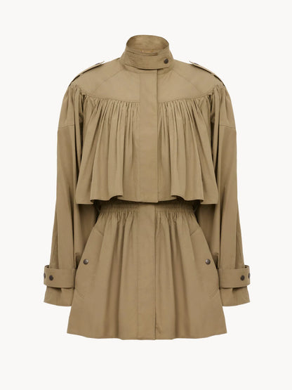 High-neck short trench coat in cotton poplin