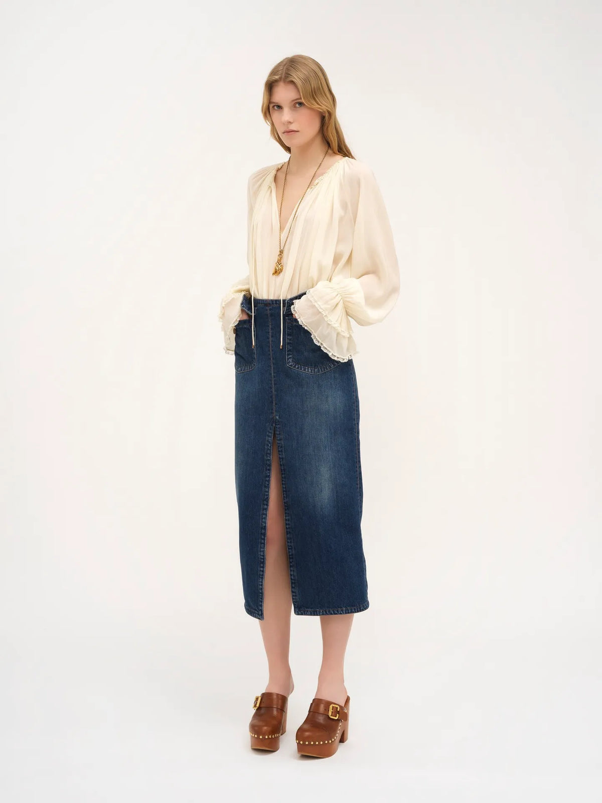 Gathered V-neck top in silk georgette