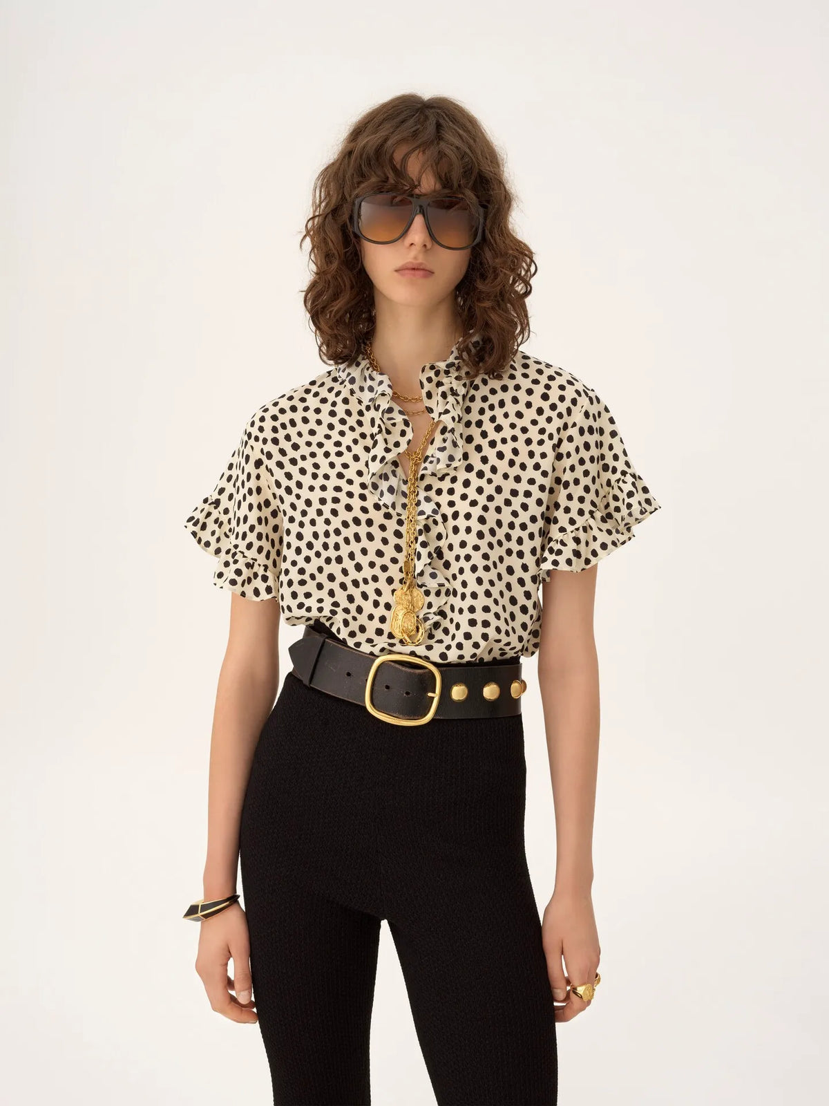 Short-sleeve ruffle top in crêpe de chine