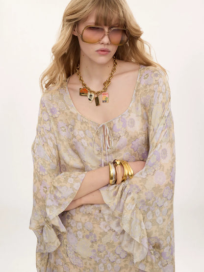 Knee-length ruffled kaftan in silk charmeuse