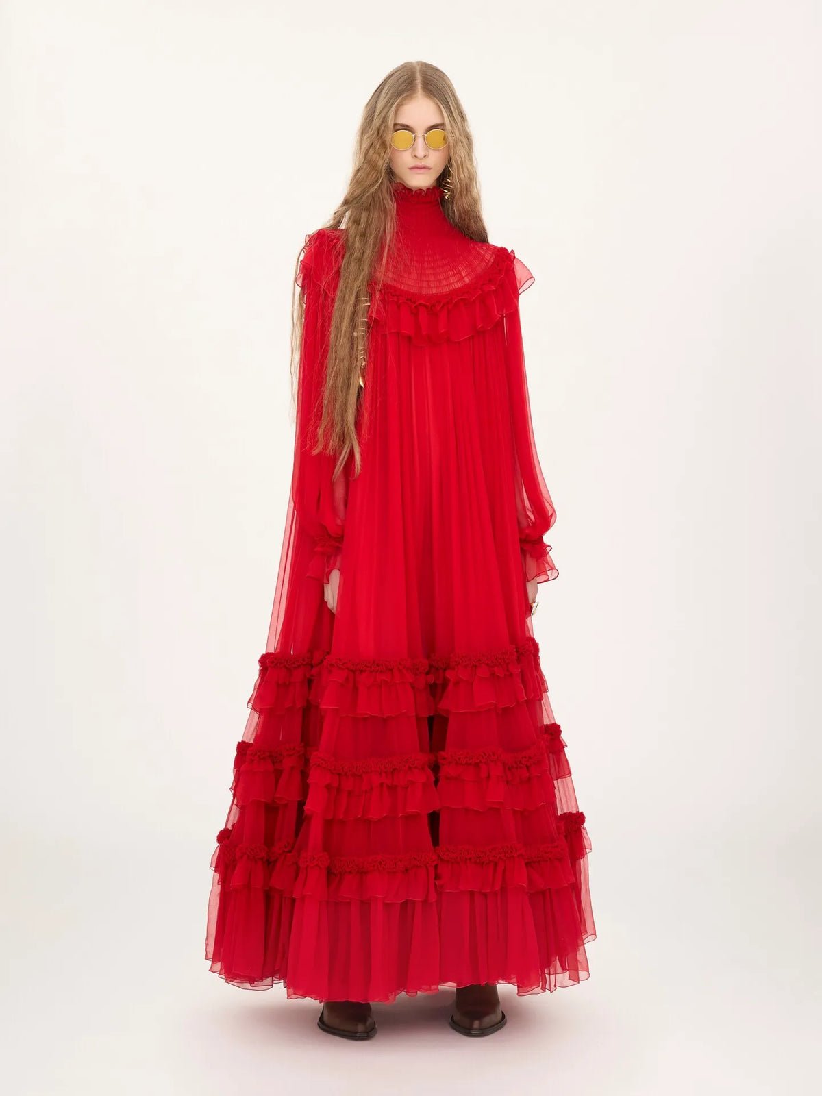 High-neck ruffled long dress in silk mousseline