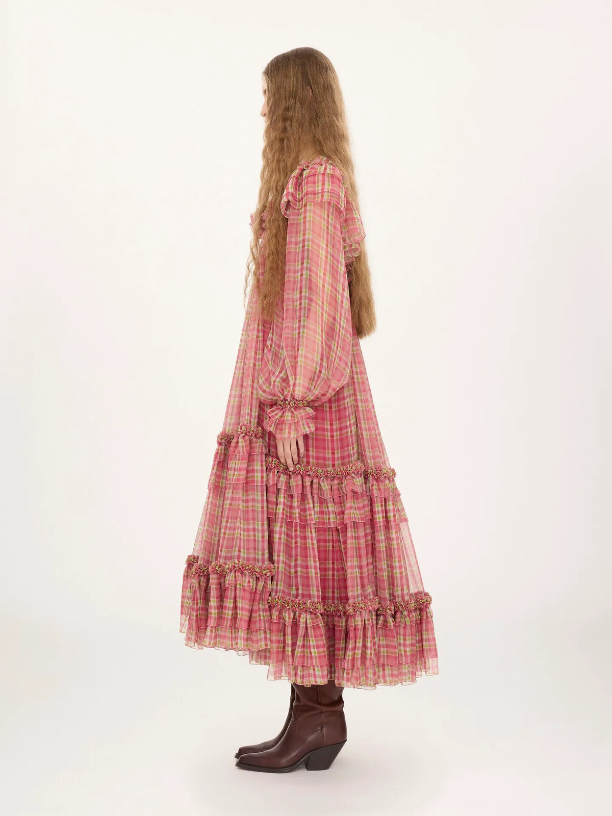 Square-neck midi dress in check silk mousseline