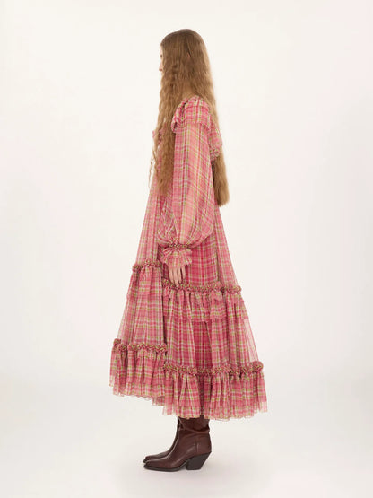 Square-neck midi dress in check silk mousseline