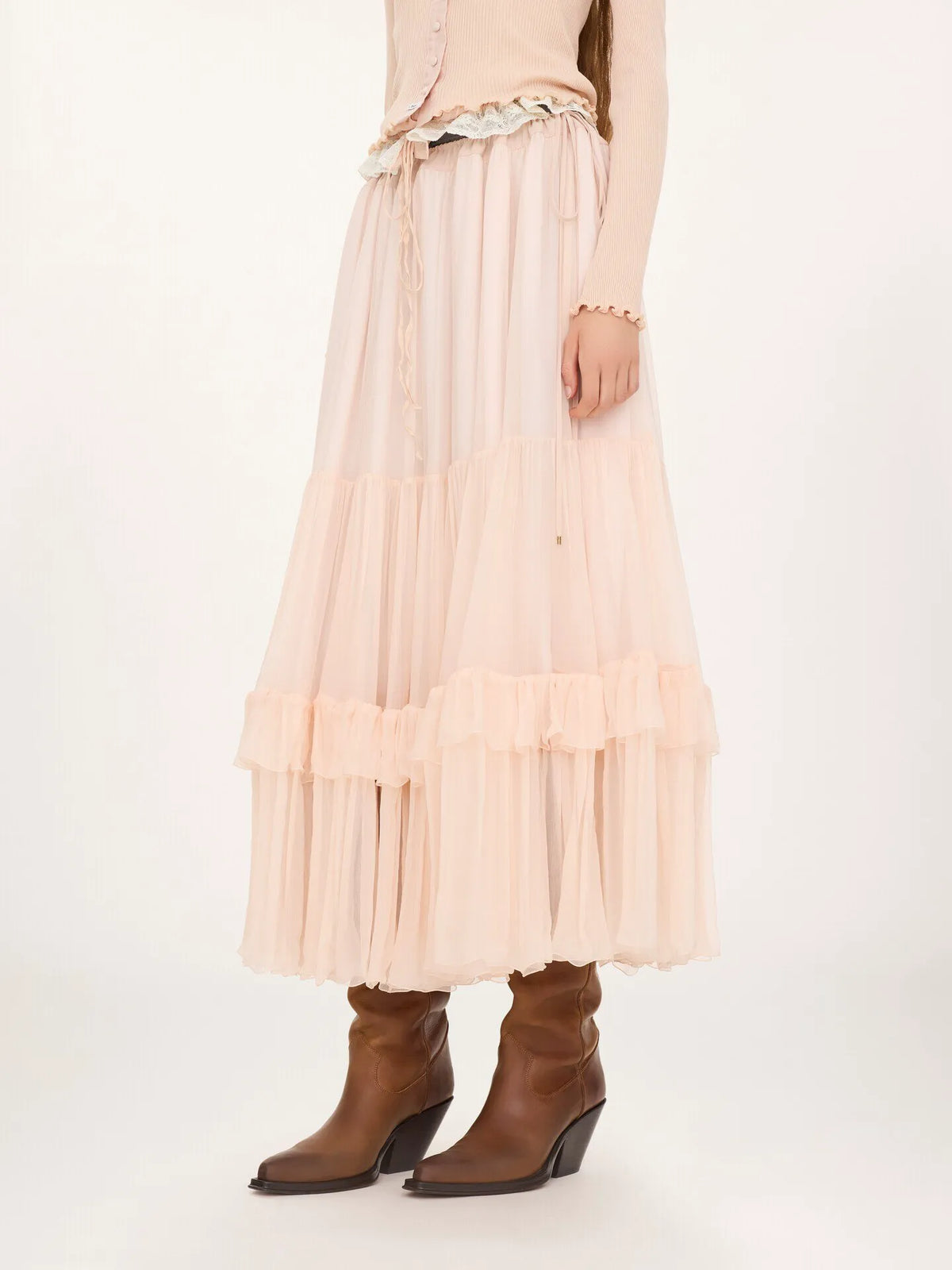 Ruffled long skirt in silk mousseline