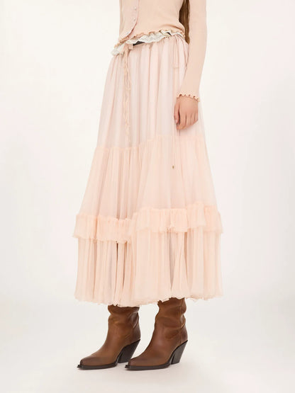 Ruffled long skirt in silk mousseline