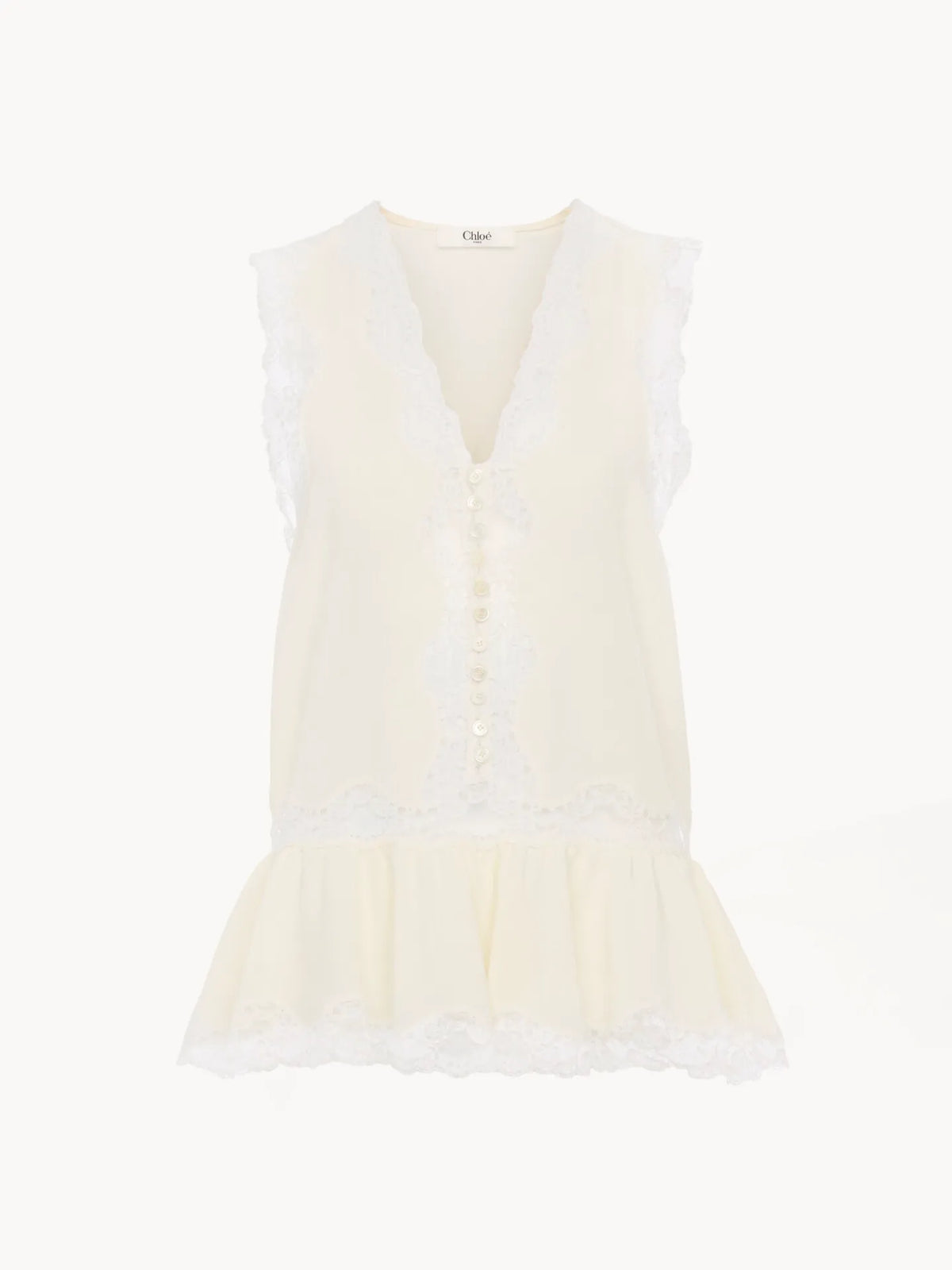 Sleeveless peplum top in crêpe de chine & lace