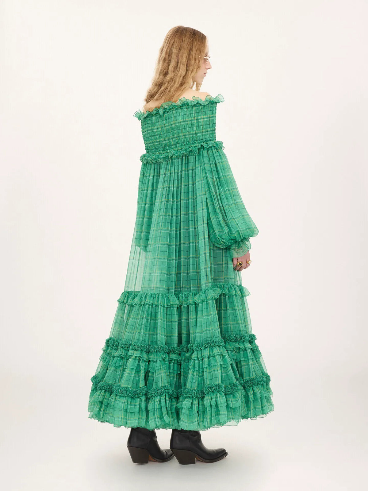 Off-the-shoulder long dress in check silk mousseline