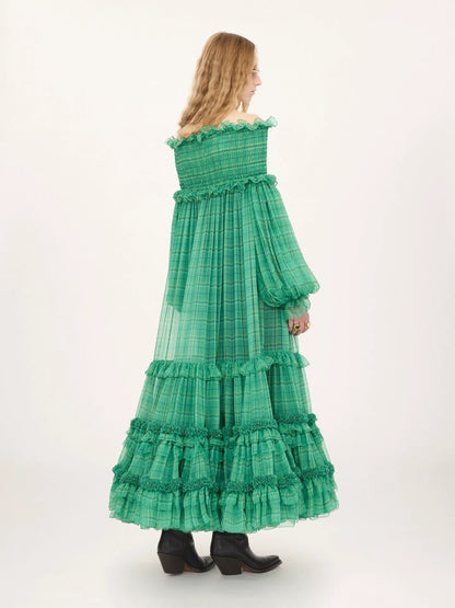 Off-the-shoulder long dress in check silk mousseline