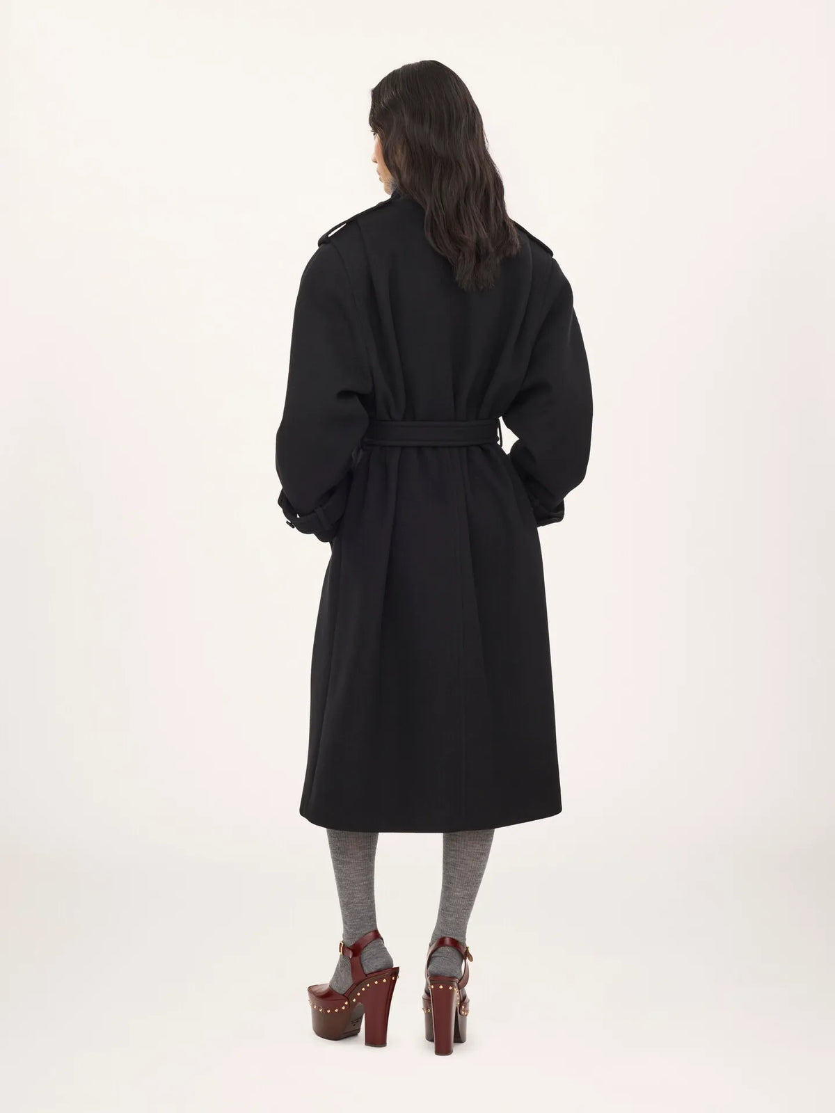 High-neck long coat in double-face wool