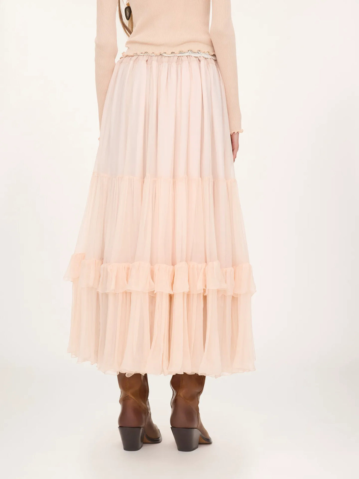 Ruffled long skirt in silk mousseline