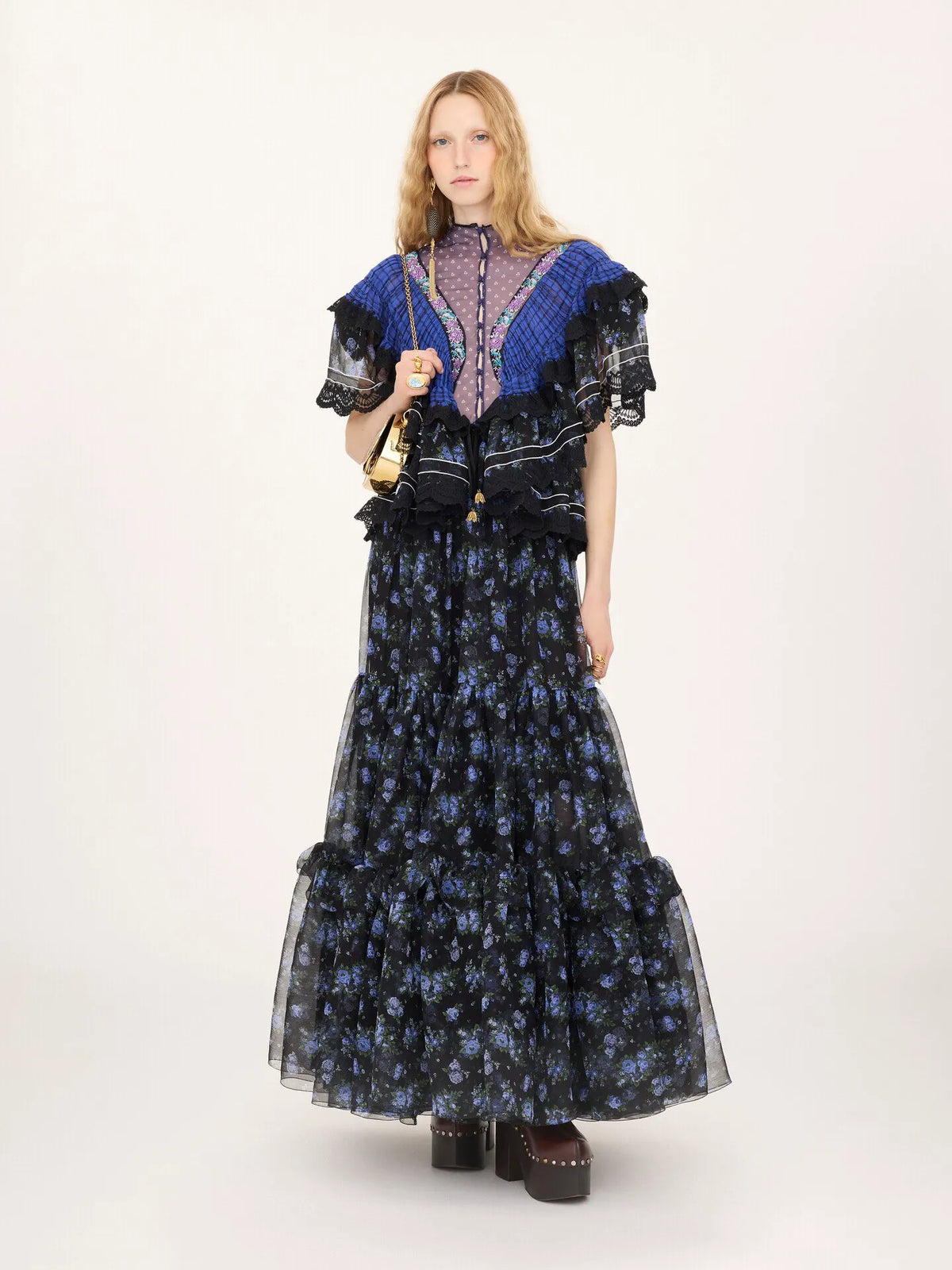 Ruffled long dress in silk mousseline & lace