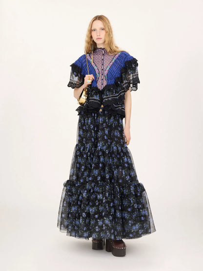 Ruffled long dress in silk mousseline & lace