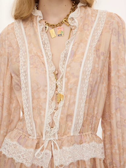 Puff-sleeve mini dress in silk charmeuse & lace