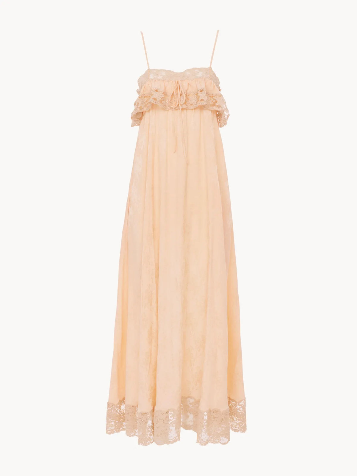 Thin-strap long dress in silk jacquard & lace