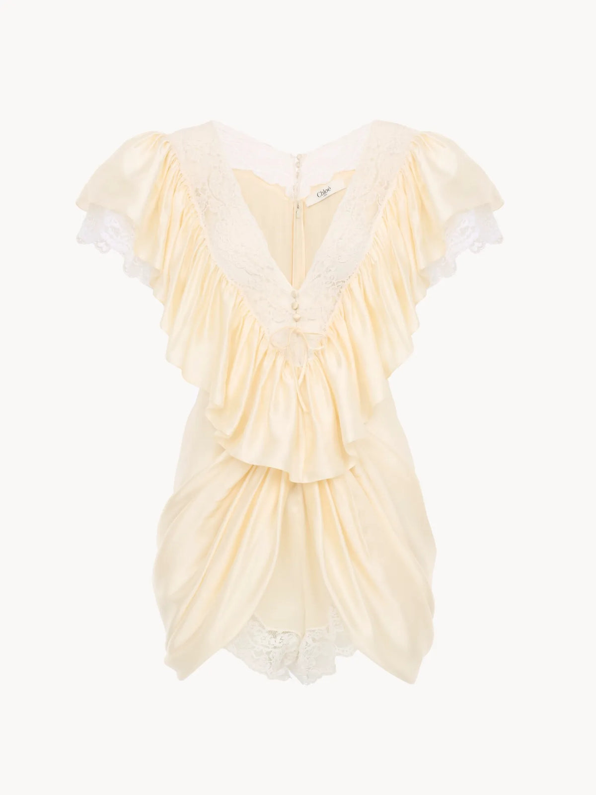 V-neck short jumpsuit in washed silk satin & lace