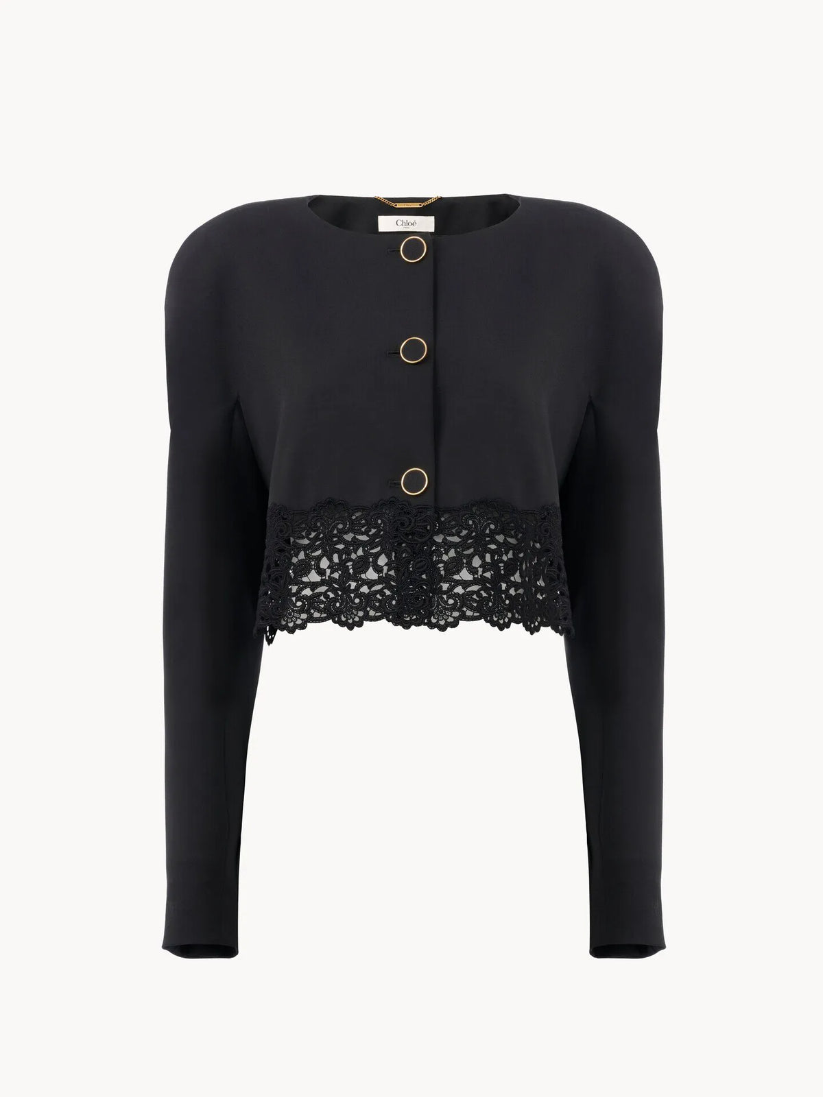 Collarless cropped jacket in wool grain de poudre & lace