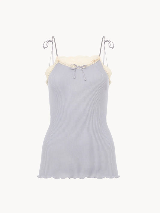 Thin-strap tank top in cotton jersey & lace