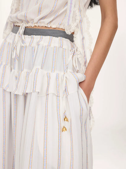 Fluid ruffled pants in silk lurex jacquard