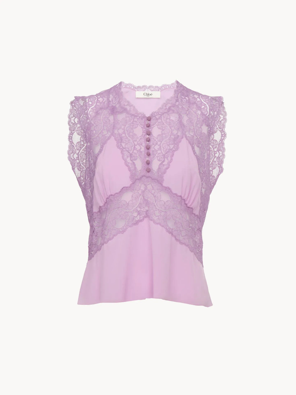 V-neck top in crêpe de chine & lace