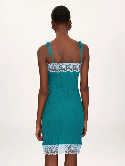 Sleeveless fitted mini dress in a wool knit & lace
