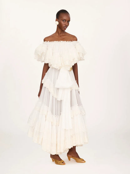 Long ruffled dress in cotton voile
