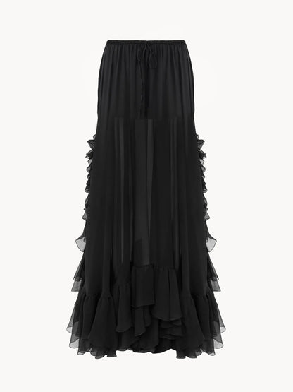Ruffled long skirt in silk mousseline