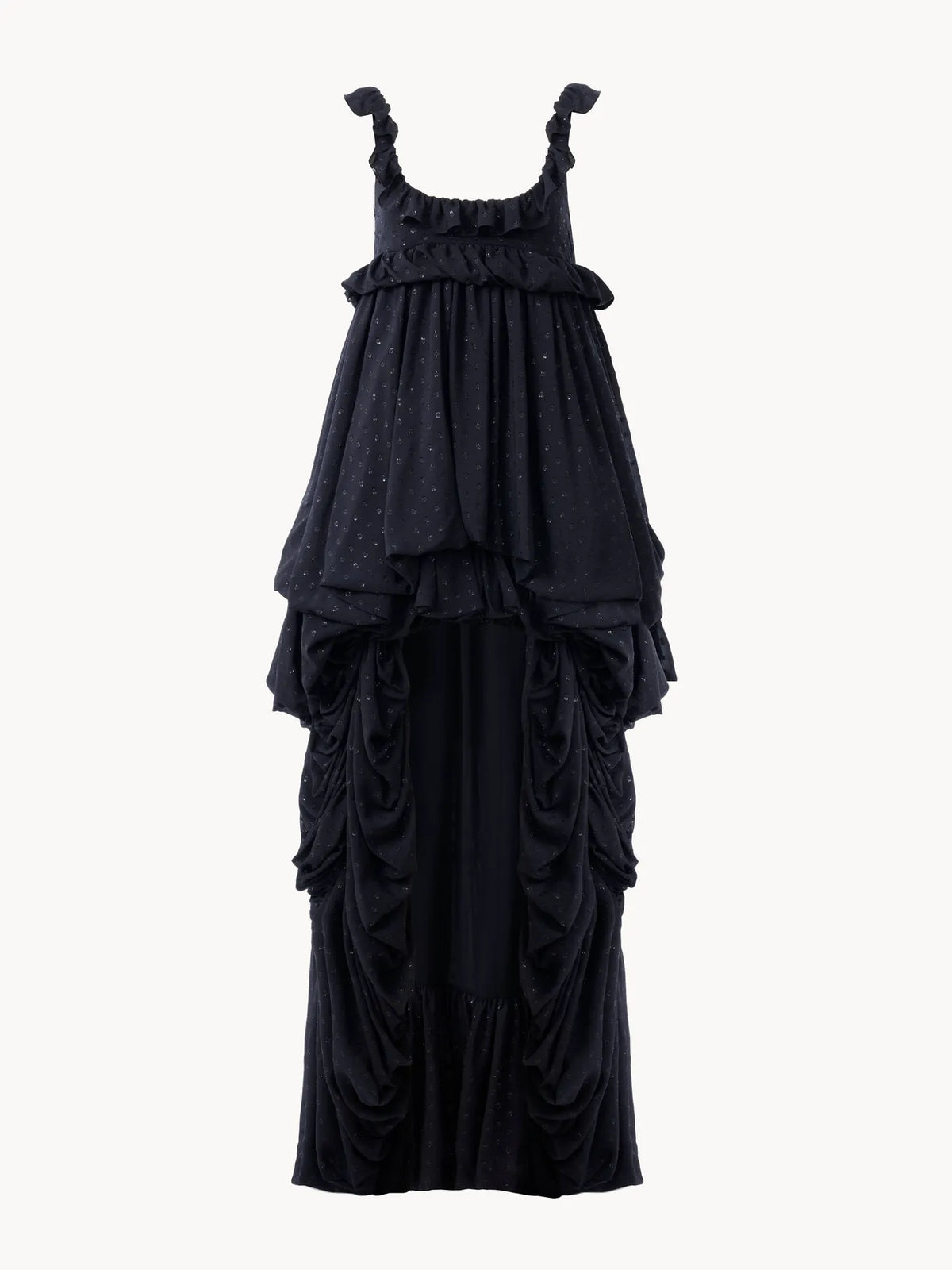 High-low sleeveless dress in silk georgette jacquard & lurex