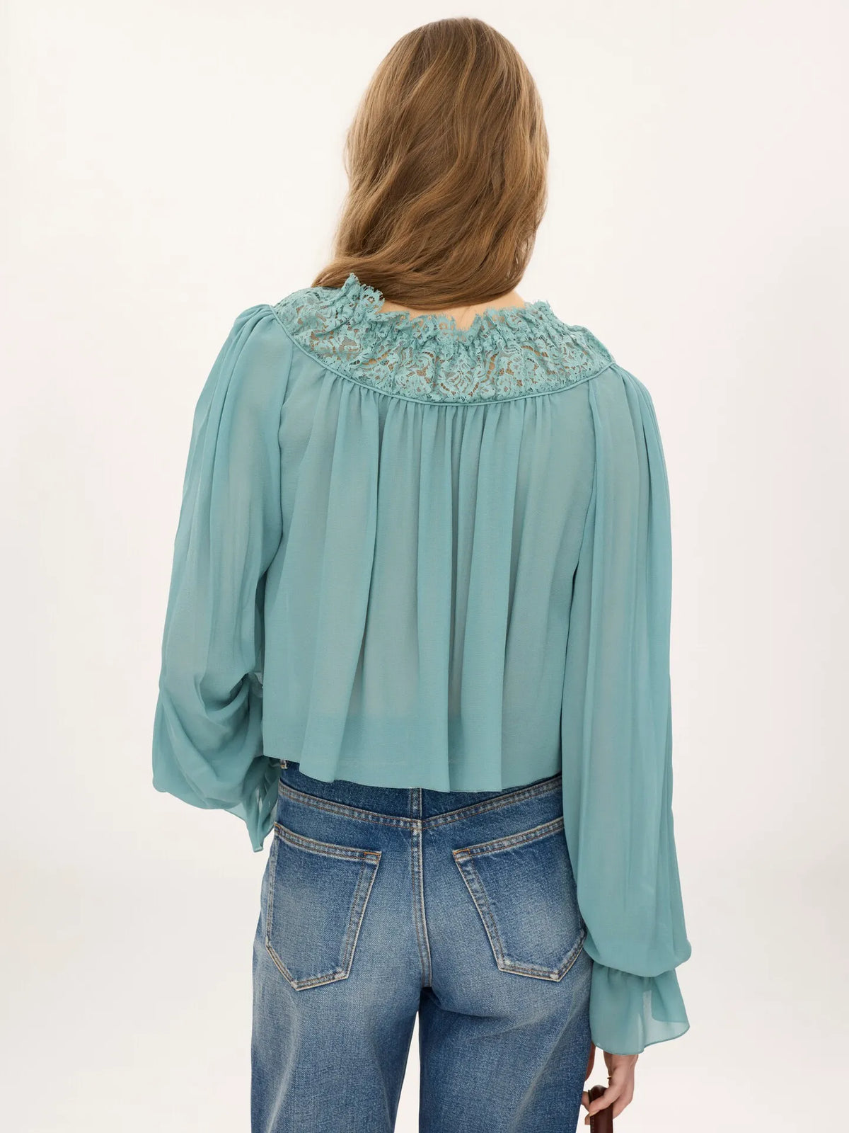 Scoop-neck cropped top in silk georgette & lace