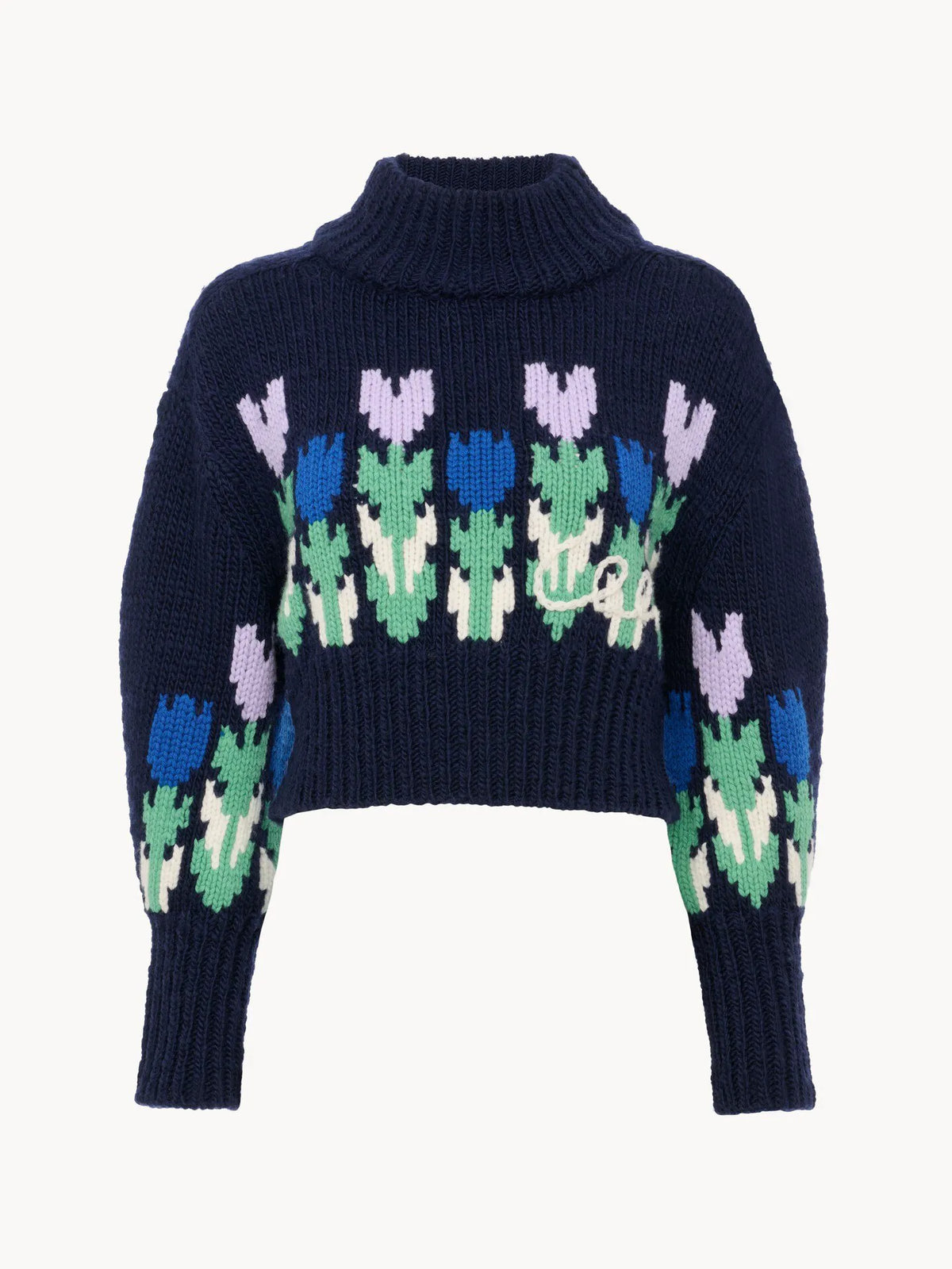 Cropped mock-neck logo sweater in a wool knit