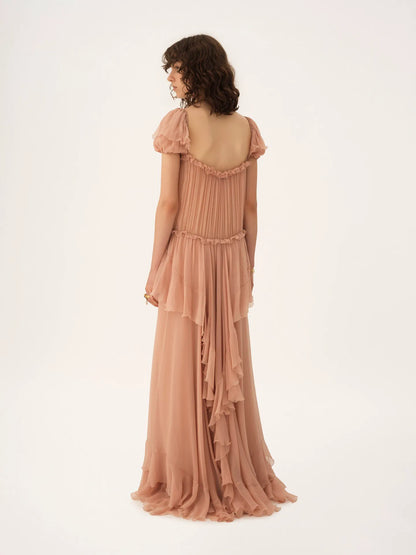 Gathered long ruffled dress in silk mousseline