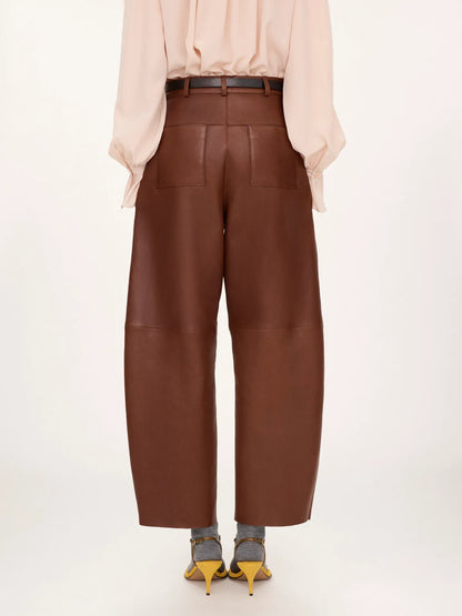 High-rise barrel pants in leather