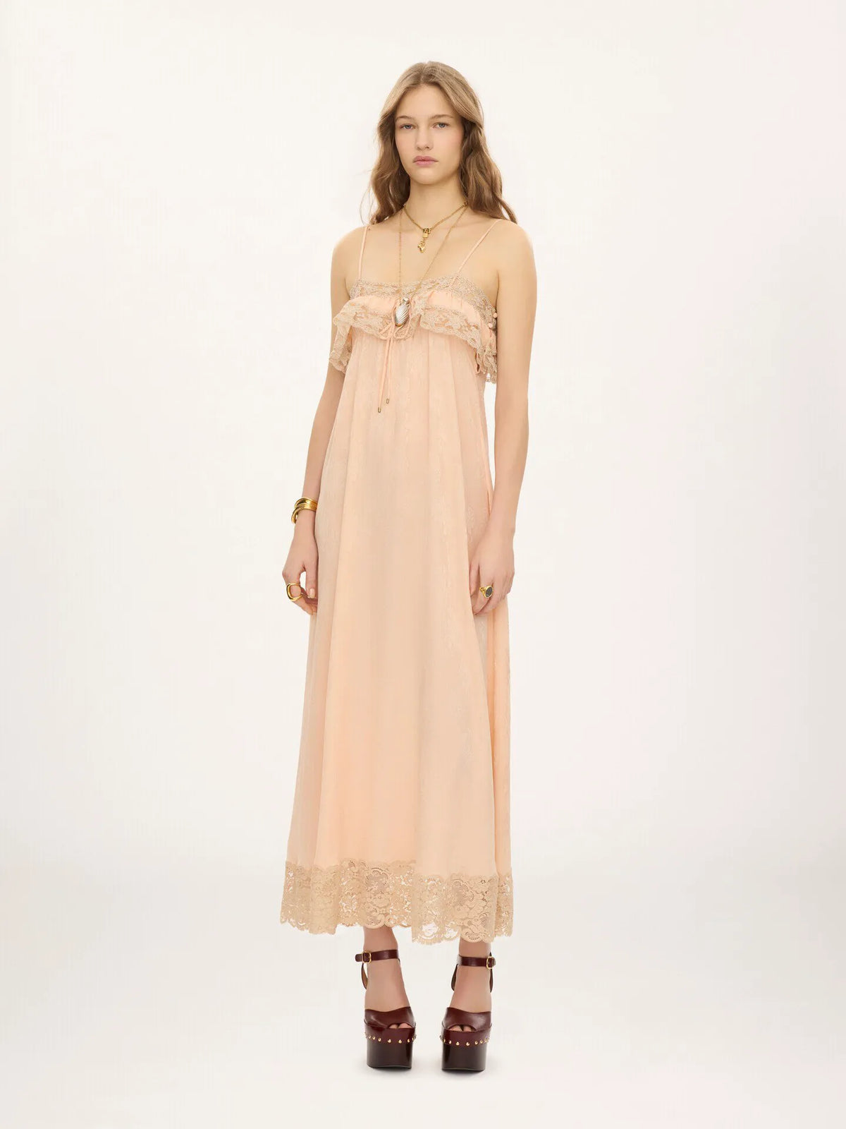 Thin-strap long dress in silk jacquard & lace
