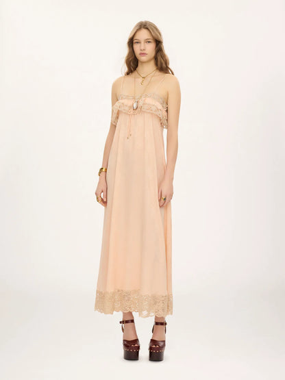 Thin-strap long dress in silk jacquard & lace