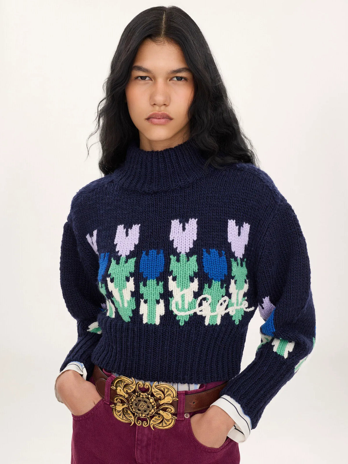 Cropped mock-neck logo sweater in a wool knit