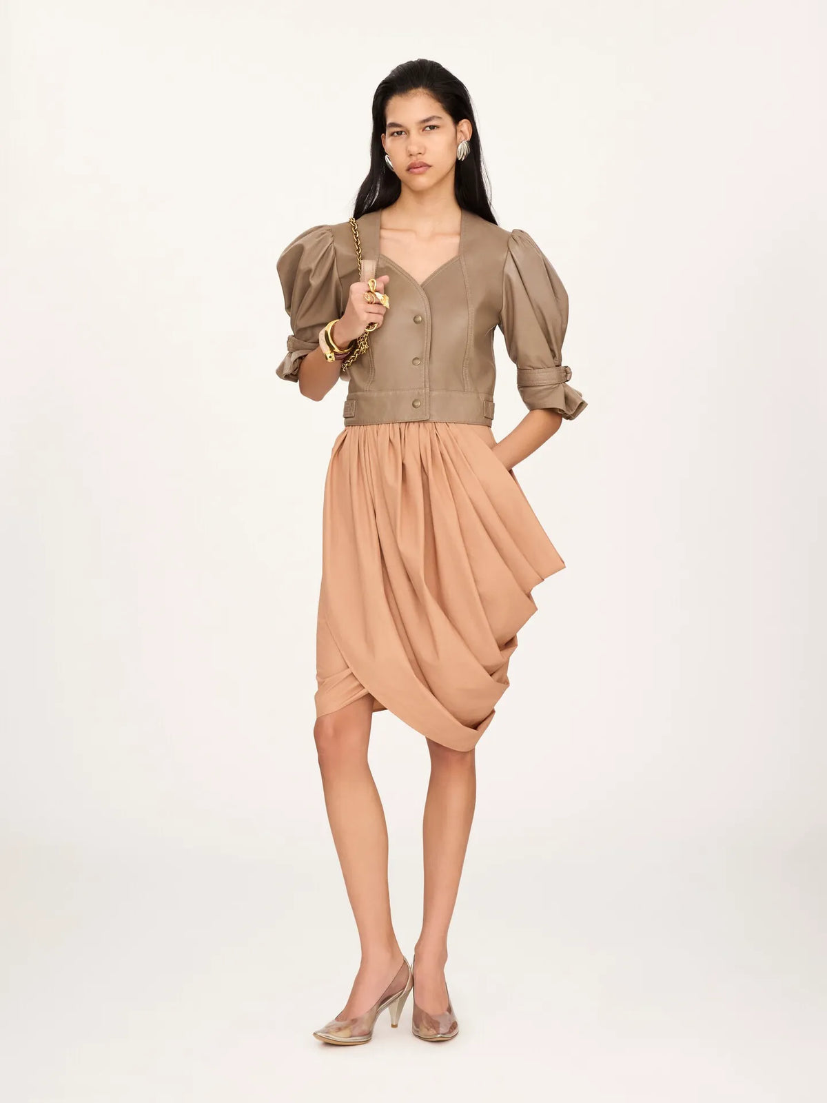 Cropped puff-sleeve jacket in leather