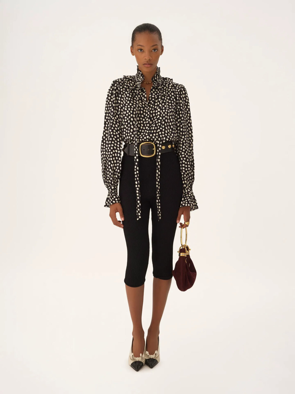 Tie-front ruffled blouse in silk jacquard