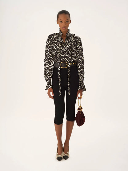 Tie-front ruffled blouse in silk jacquard