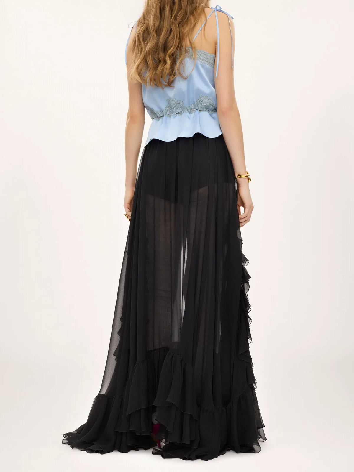 Ruffled long skirt in silk mousseline