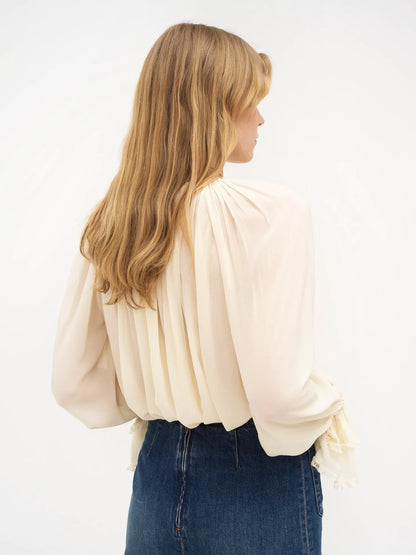 Gathered V-neck top in silk georgette