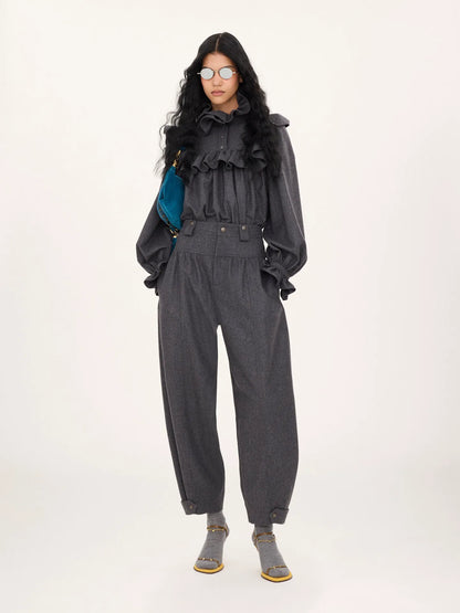High-neck ruffle top in wool & cashmere flannel
