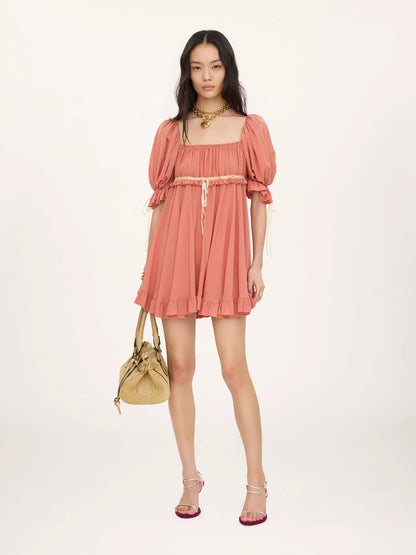 Puff-sleeve mini dress in silk georgette