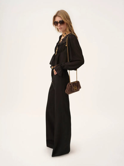 Scoop-neck cropped top in silk georgette & lace
